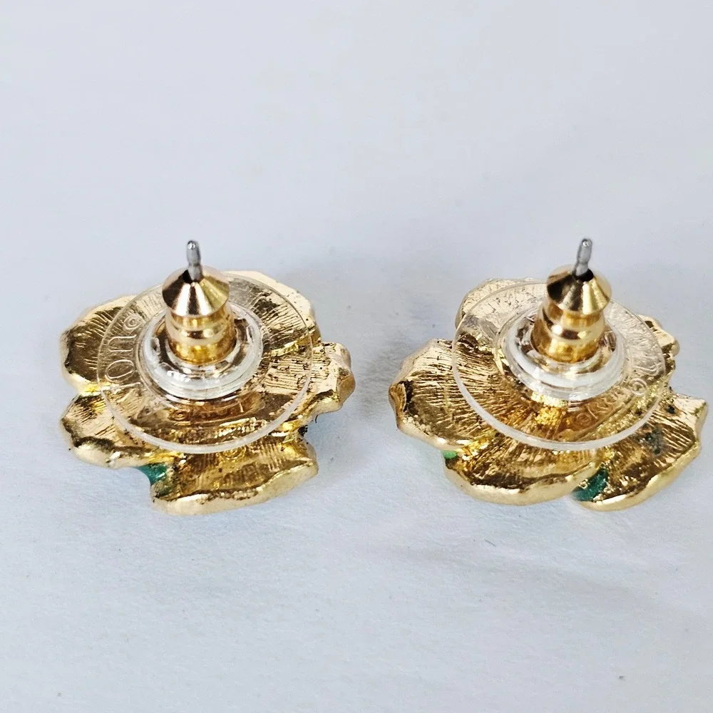 Vtg Pansy Flower‎ Stud Earrings Green Enamel Rhinestone Cottagecore Botanical